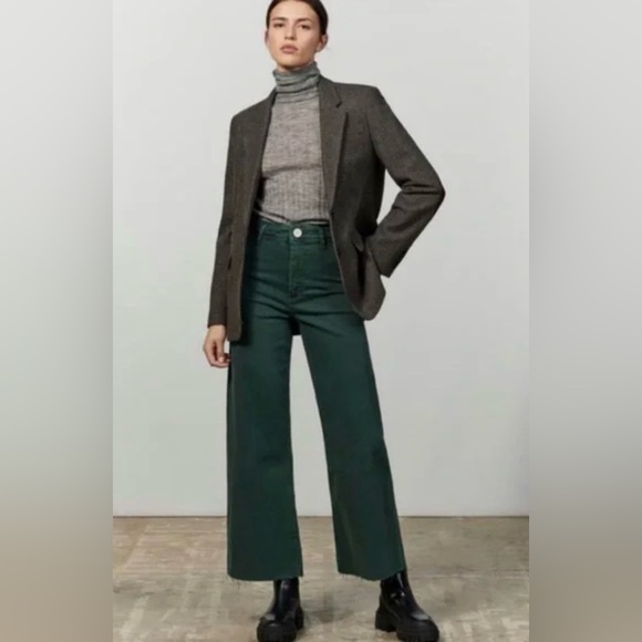 Zara The Marine Straight High Rise Raw Hem Jeans Forest Green Size 8 - Picture 1 of 5